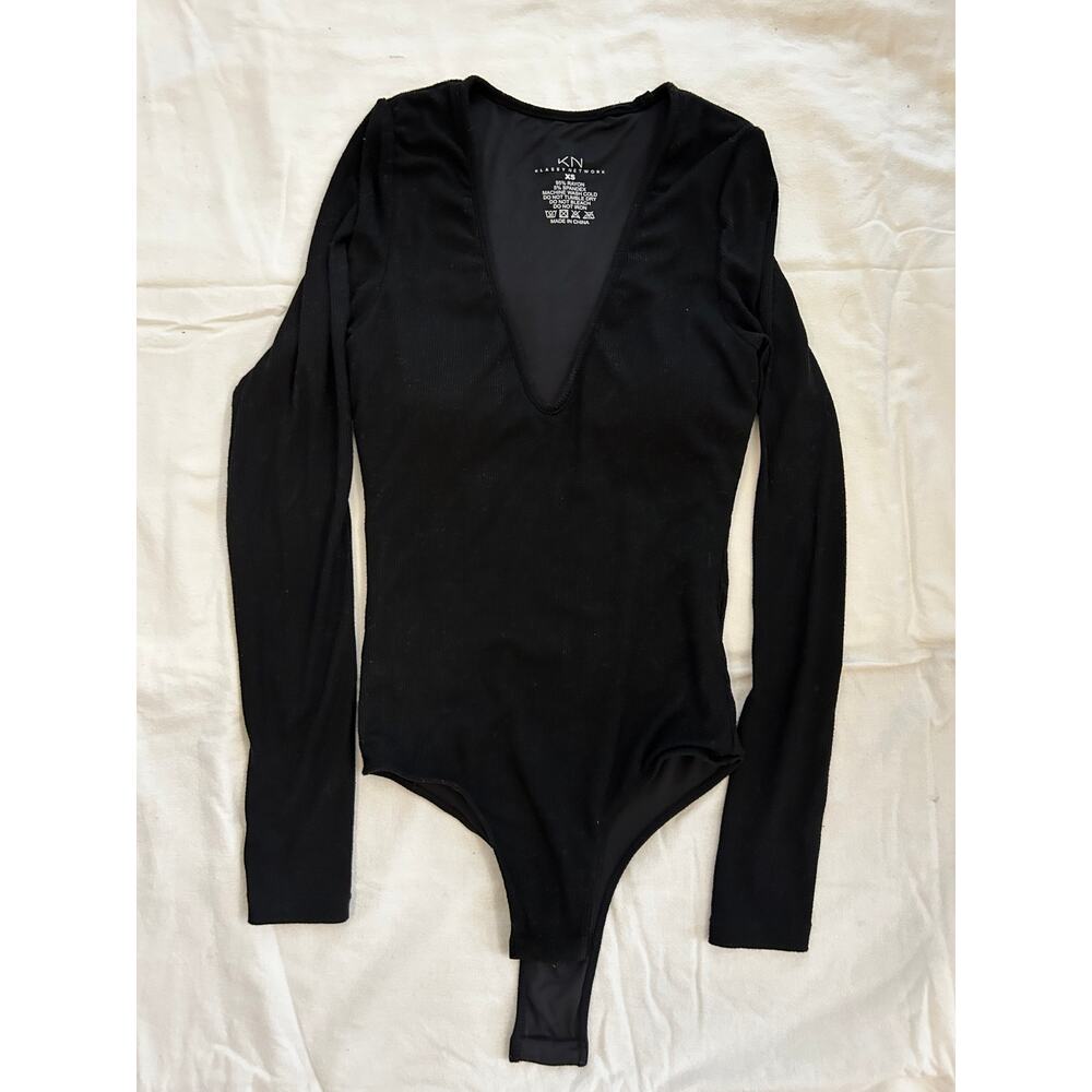 Klassy Network KN Deep V Neck Long Sleeve Ribbed Bodysuit Padded XS Black
